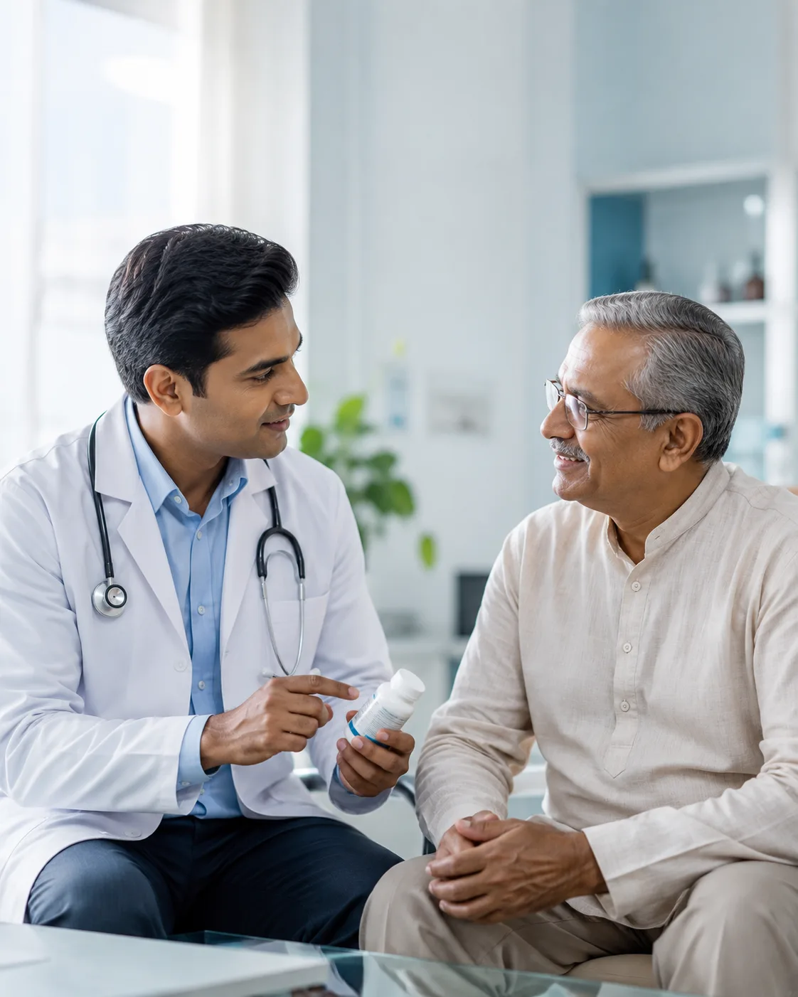 A doctor explaining a course of medication to a seated patient