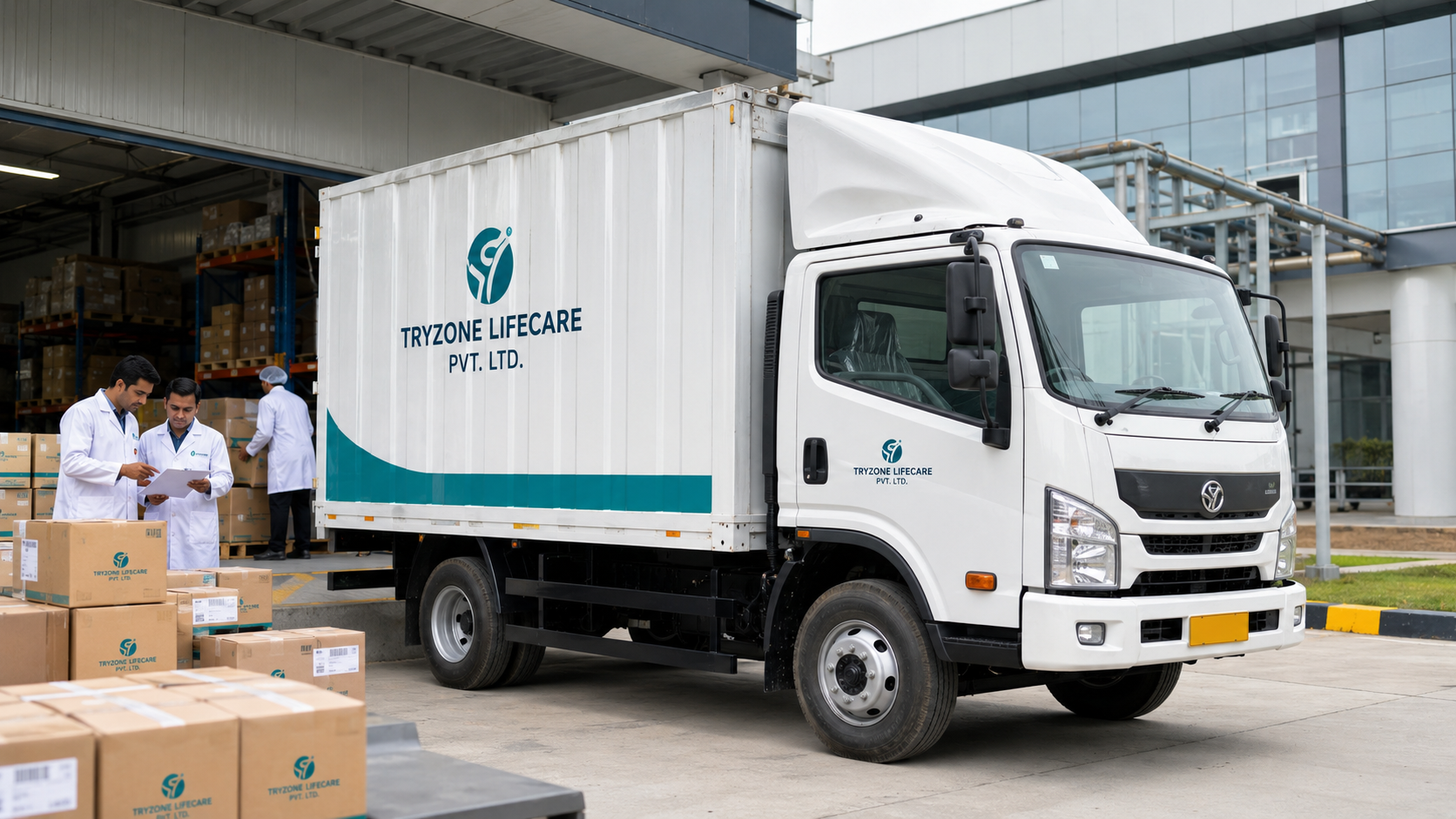 An illustration of a delivery van, cartons and a destination marker